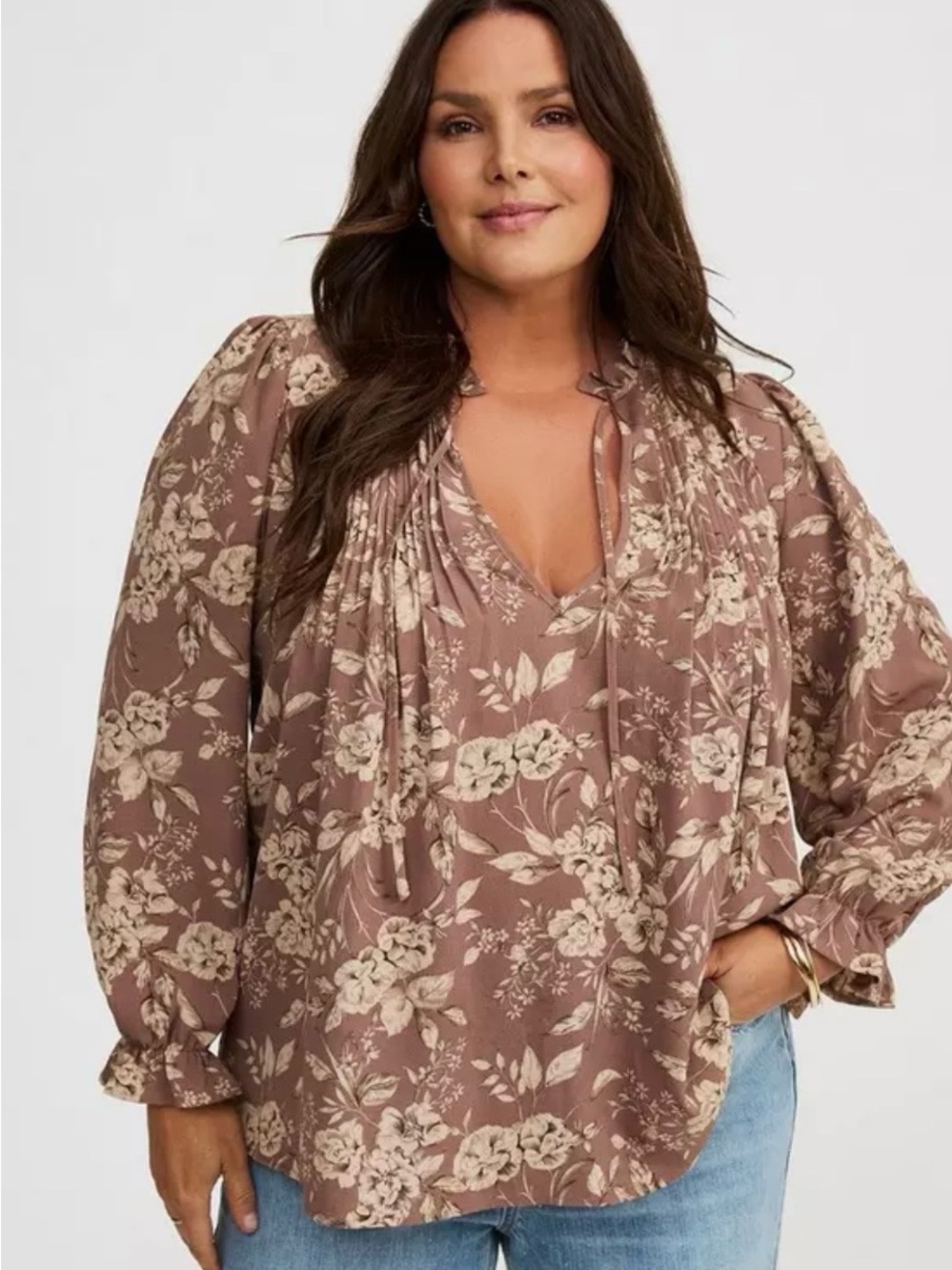 torrid Taupe Floral Tie-Neck Blouse